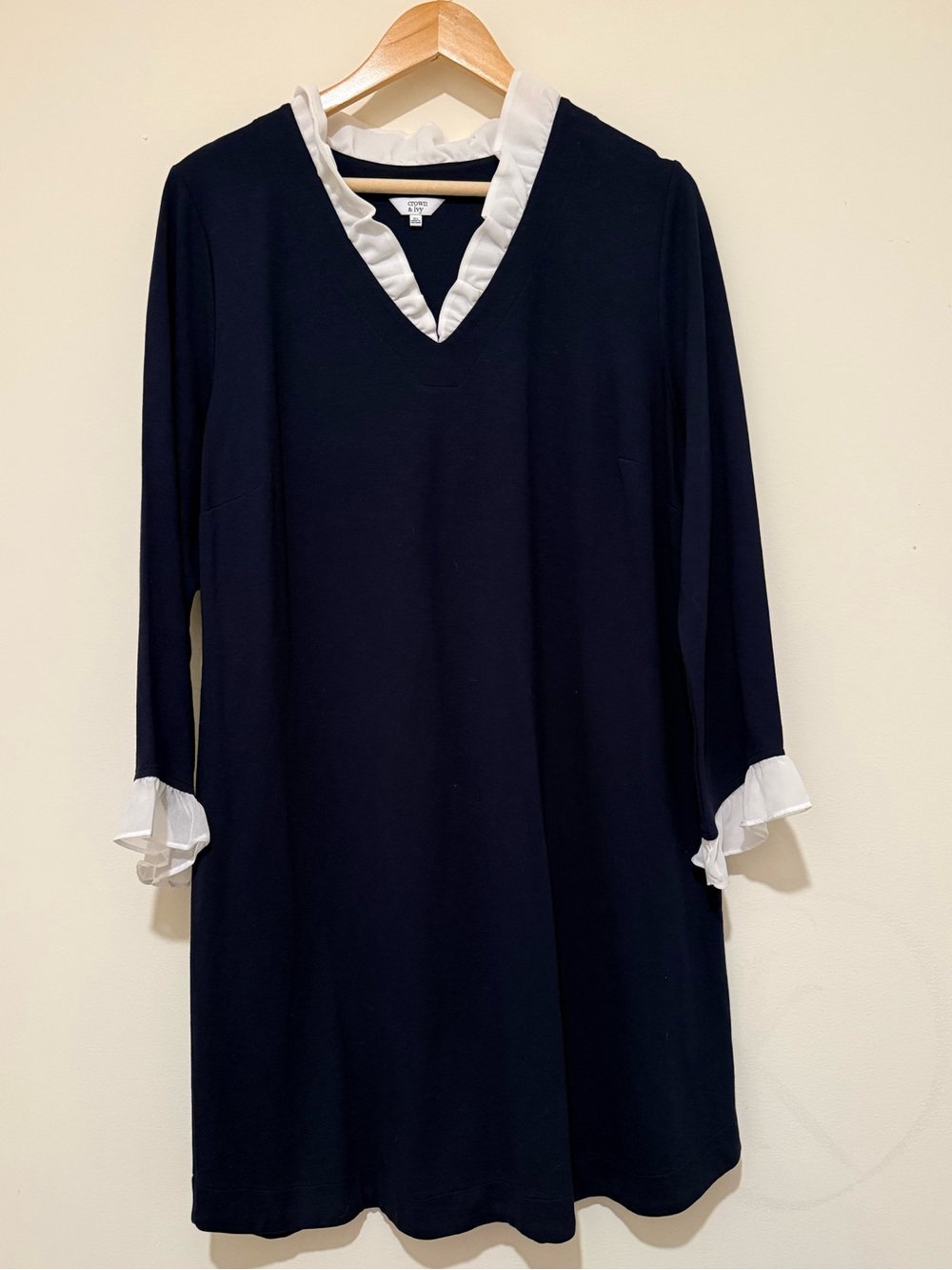 crown & ivy Navy Long-Sleeve Dress with White Ruffle Collar & Cuffs